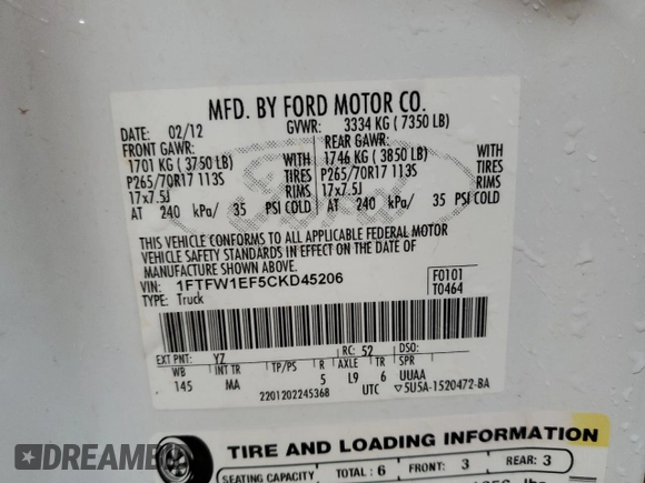 2012 Ford F-150 XL with VIN 1FTFW1EF5CKD45206, listed as a Copart auction lot 48471465 with 193,899 mi miles and Clean title. Bid and sale history available at DreamBid. Image 12.