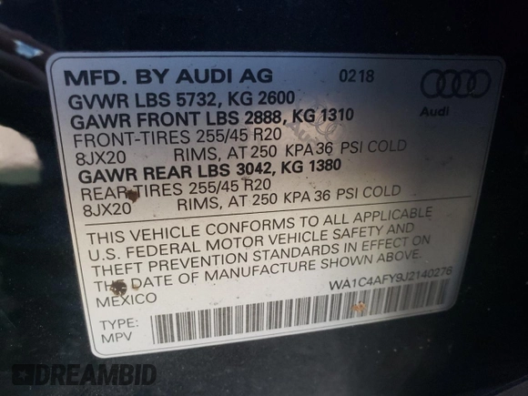 2018 Audi SQ5 Prestige with VIN WA1C4AFY9J2140276, listed as a Copart auction lot 51783534 with 65,810 mi miles and . Bid and sale history available at DreamBid. Image 15.