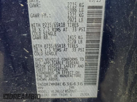 2019 Nissan Pathfinder SV z VIN 5N1DR2MM8KC636436, wystawiony jako Copart lot #59917995 z przebiegiem Nie podano mil oraz Szkoda całkowita • Salvage title. Historia ofert i sprzedaży dostępna na DreamBid. Obrazek 13.