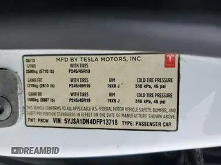 2013 Tesla Model S with VIN 5YJSA1DN4DFP13718, listed as a Copart auction lot 53118285 with Not Provided miles and Salvage Title. Bid and sale history available at carsss.com. Image 12.