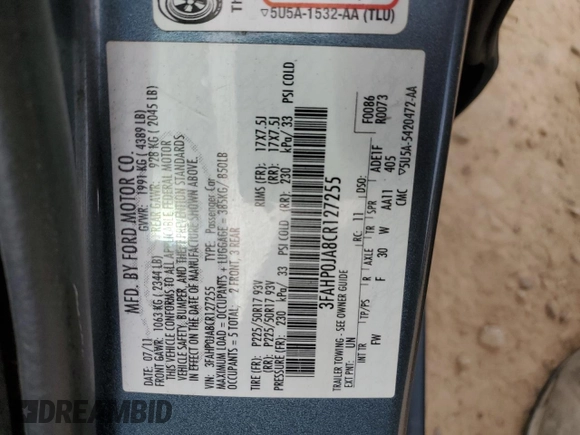 2012 Ford Fusion SEL с VIN 3FAHP0JA8CR127255, выставлен на аукционе Copart как лот 53612975 с пробегом 137 566 миль миль и Чистый • Clean title. История ставок и продаж доступна на DreamBid. Изображение 12.