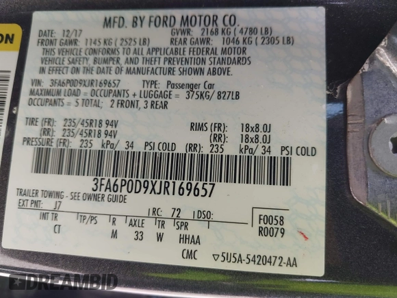 2018 Ford Fusion Titanium with VIN 3FA6P0D9XJR169657, listed as a IAAI auction lot 42392112 with 62,754 mi miles and . Bid and sale history available at DreamBid. Image 9.