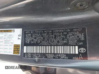 2008 Toyota Prius with VIN JTDKB20U783310691, listed as a IAAI auction lot 42107925 with 173,745 mi miles. Bid and sale history available at carsss.com. Image 9.