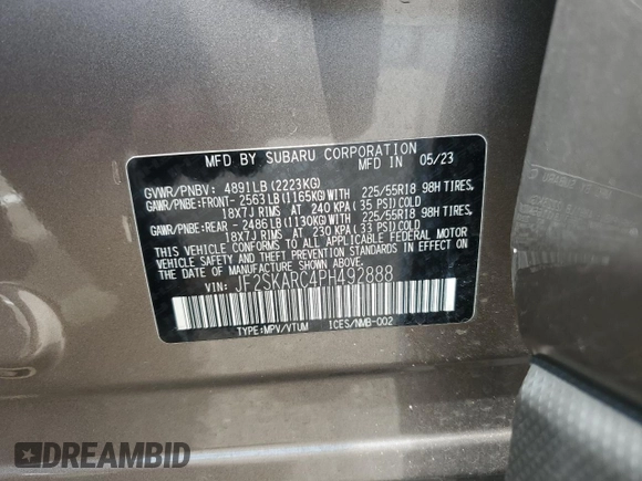 2023 Subaru Forester Touring with VIN JF2SKARC4PH492888, listed as a Copart auction lot 58743735 with 12,015 mi miles and Salvage title. Bid and sale history available at DreamBid. Image 13.