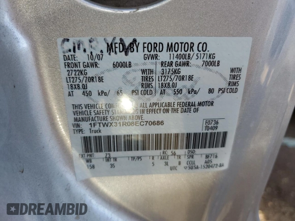 2008 Ford F-350 XL with VIN 1FTWX31R08EC70686, listed as a Copart auction lot 85769014 with 111,306 mi miles and Clean Title. Bid and sale history available at DreamBid. Image 12.