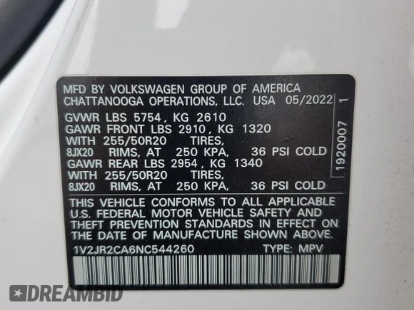 2022 Volkswagen Atlas SE with VIN 1V2JR2CA6NC544260, listed as a Copart auction lot 53552205 with 29,991 mi miles and Salvage title. Bid and sale history available at DreamBid. Image 15.