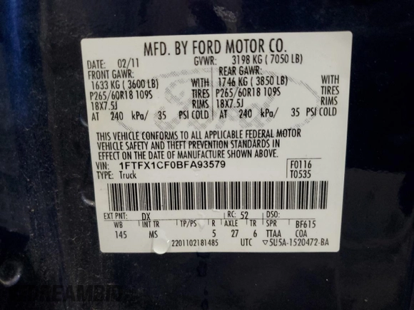 2011 Ford F-150 XL with VIN 1FTFX1CF0BFA93579, listed as a Copart auction lot 47022915 with 178,128 mi miles and Salvage Title. Bid and sale history available at carsss.com. Image 13.