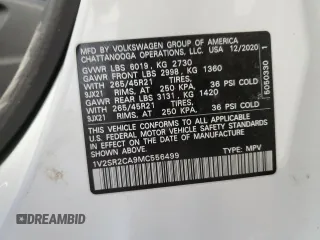 2021 Volkswagen Atlas SEL R-Line with VIN 1V2SR2CA9MC556499, listed as a Copart auction lot 44033995 with 55,061 mi miles and Salvage title. Bid and sale history available at DreamBid. Image 14.