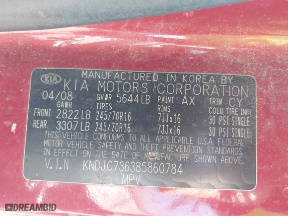 2008 Kia Sorento EX with VIN KNDJC736385860784, listed as a IAAI auction lot 41756912 with 115,103 mi miles. Bid and sale history available at carsss.com. Image 9.