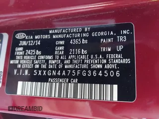 2015 Kia Optima EX with VIN 5XXGN4A75FG364506, listed as a IAAI auction lot 41701331 with 120,412 mi miles. Bid and sale history available at carsss.com. Image 9.