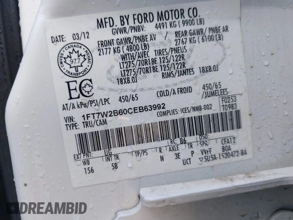 2012 Ford F-250 XL with VIN 1FT7W2B60CEB63992, listed as a IAAI auction lot 41189373 with 244,626 mi miles and . Bid and sale history available at DreamBid. Image 9.