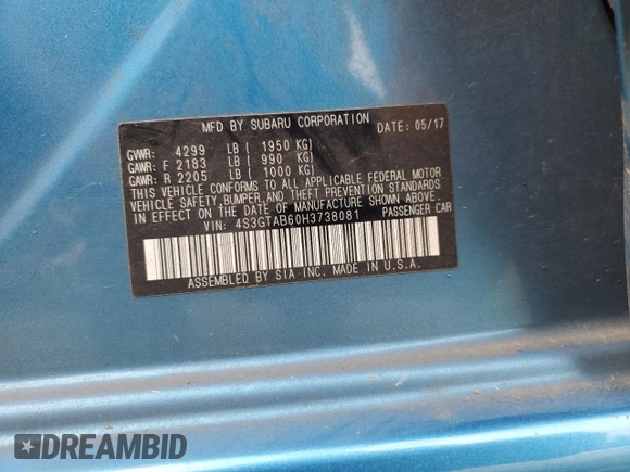 2017 Subaru Impreza Premium z VIN 4S3GTAB60H3738081, wystawiony jako Copart lot #56072805 z przebiegiem 90 138 mil mil oraz Szkoda całkowita • Salvage title. Historia ofert i sprzedaży dostępna na DreamBid. Obrazek 12.