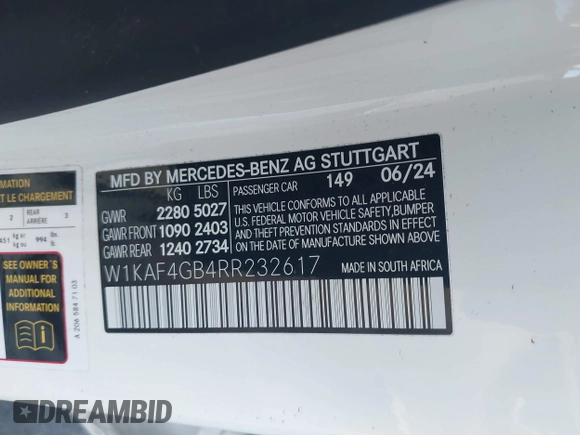2024 Mercedes-Benz C 300 with VIN W1KAF4GB4RR232617, listed as a IAAI auction lot 41524093 with 5,284 mi miles and . Bid and sale history available at DreamBid. Image 9.