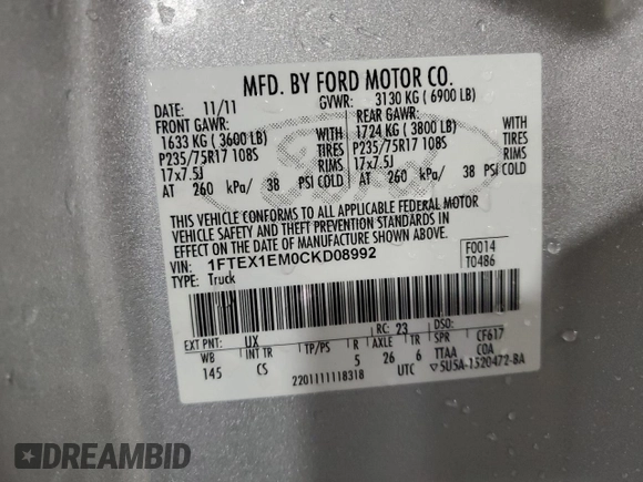 2012 Ford F-150 XL with VIN 1FTEX1EM0CKD08992, listed as a Copart auction lot 82413114 with 79,843 mi miles and Salvage Title. Bid and sale history available at carsss.com. Image 13.