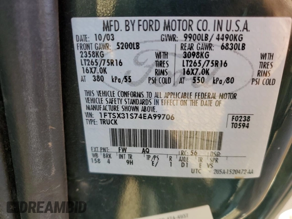 2004 Ford F-350 XL with VIN 1FTSX31S74EA99706, listed as a Copart auction lot 74728144 with Not Provided miles and Salvage Title. Bid and sale history available at DreamBid. Image 12.