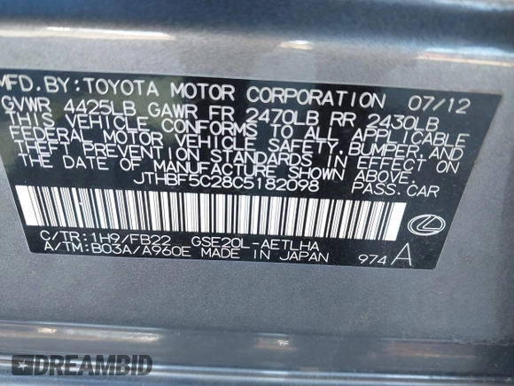 2012 Lexus IS 250 with VIN JTHBF5C28C5182098, listed as a IAAI auction lot 41344801 with 178,233 mi miles and . Bid and sale history available at DreamBid. Image 9.