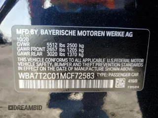 2021 BMW 7 Series 740i with VIN WBA7T2C01MCF72583, listed as a Copart auction lot 88601095 with 57,227 mi miles and Salvage title. Bid and sale history available at DreamBid. Image 15.