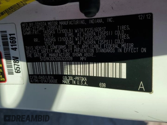 2013 Toyota Sienna XLE AAS with VIN 5TDYK3DC5DS322039, listed as a Copart auction lot 61657715 with 185,269 mi miles and Salvage title. Bid and sale history available at DreamBid. Image 14.