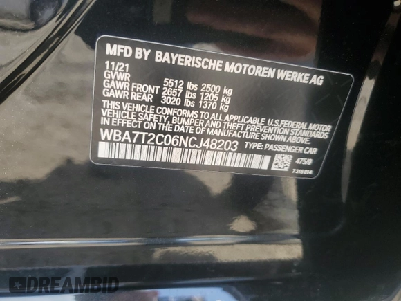 2022 BMW 7 Series 740i with VIN WBA7T2C06NCJ48203, listed as a Copart auction lot 54183325 with Not provided miles and Salvage title. Bid and sale history available at DreamBid. Image 12.