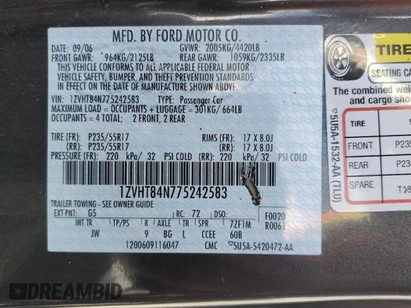 2007 Ford Mustang Deluxe with VIN 1ZVHT84N775242583, listed as a Copart auction lot 51477205 with Not Provided miles and Salvage Title. Bid and sale history available at carsss.com. Image 14.