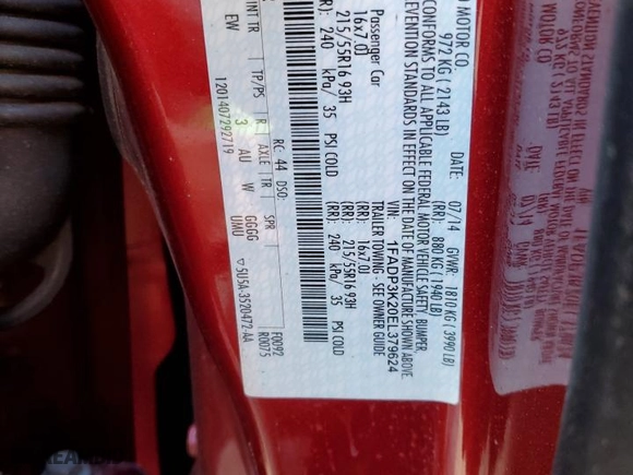 2014 Ford Focus SE with VIN 1FADP3K20EL379624, listed as a Copart auction lot 52266755 with 70,822 mi miles and Salvage Title. Bid and sale history available at carsss.com. Image 15.
