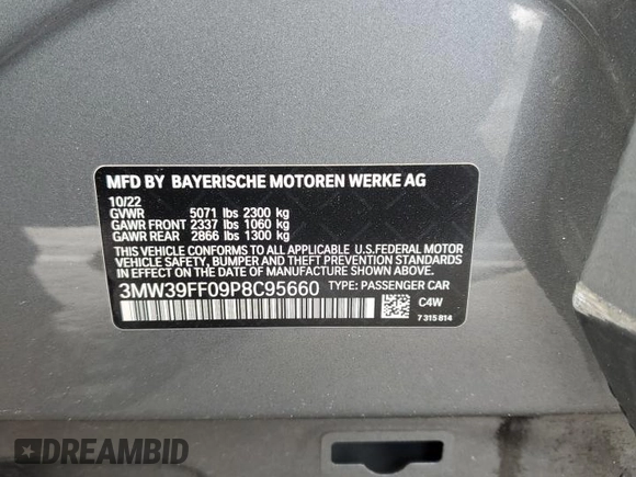 2023 BMW 3 Series 330e with VIN 3MW39FF09P8C95660, listed as a Copart auction lot 47651645 with 28,484 mi miles and Salvage Title. Bid and sale history available at carsss.com. Image 13.