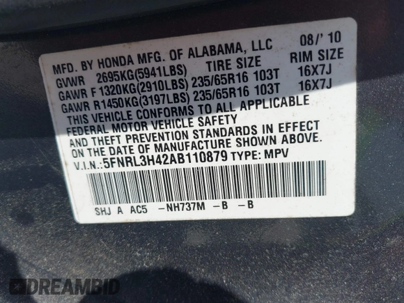 2010 Honda Odyssey EX with VIN 5FNRL3H42AB110879, listed as a IAAI auction lot 42257313 with 197,190 mi miles and . Bid and sale history available at DreamBid. Image 9.