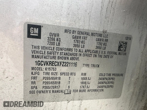 2015 Chevrolet Silverado 1500 LT with VIN 1GCVKRECXFZ221116, listed as a Copart auction lot 56621055 with 198,583 mi miles and Clean Title. Bid and sale history available at DreamBid. Image 10.