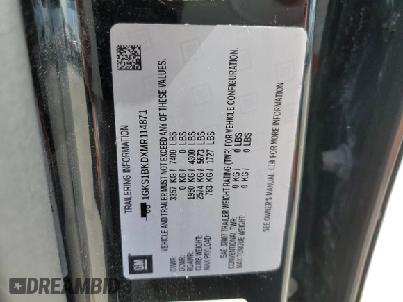 2021 GMC Yukon SLT with VIN 1GKS1BKDXMR114871, listed as a Copart auction lot 71885854 with 0 mi miles and Non Repairable. Bid and sale history available at carsss.com. Image 15.