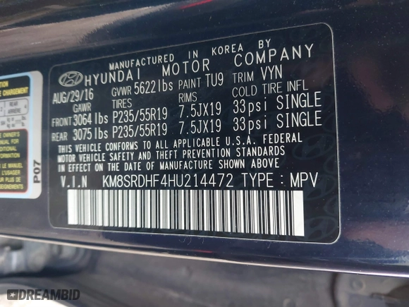 2017 Hyundai Santa Fe Limited Ultimate with VIN KM8SRDHF4HU214472, listed as a IAAI auction lot 41149762 with 54,549 mi miles. Bid and sale history available at carsss.com. Image 9.
