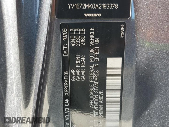 2010 Volvo C30 z VIN YV1672MK0A2183378, wystawiony jako Copart lot #76597384 z przebiegiem 180 428 mil mil oraz Szkoda całkowita • Salvage title. Historia ofert i sprzedaży dostępna na DreamBid. Obrazek 12.