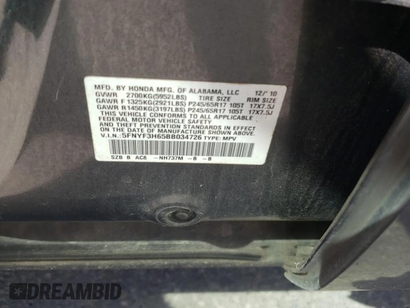2011 Honda Pilot EX-L with VIN 5FNYF3H65BB034726, listed as a Copart auction lot 49512645 with Not Provided miles and Salvage Title. Bid and sale history available at carsss.com. Image 16.