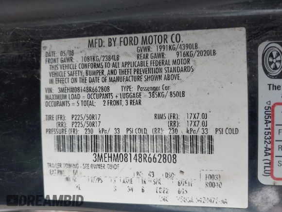 2008 Mercury Milan Premier с VIN 3MEHM08148R662808, выставлен на аукционе IAAI как лот 42348431 с пробегом 221 808 миль миль и . История ставок и продаж доступна на DreamBid. Изображение 9.