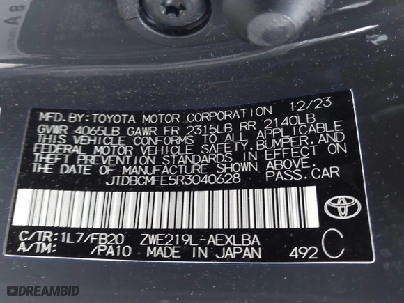 2024 Toyota Corolla Hybrid LE with VIN JTDBCMFE5R3040628, listed as a IAAI auction lot 41217514 with 41,927 mi miles. Bid and sale history available at carsss.com. Image 9.