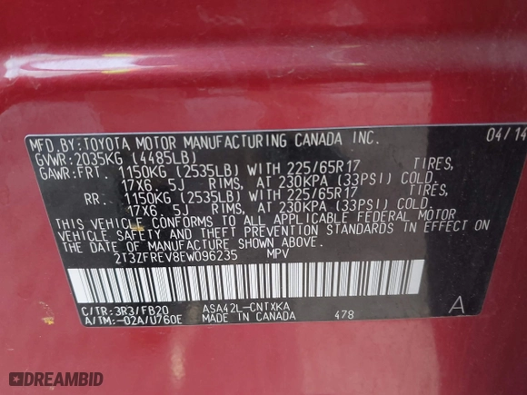 2014 Toyota RAV4 LE with VIN 2T3ZFREV8EW096235, listed as a IAAI auction lot 41974338 with 88,478 mi miles. Bid and sale history available at carsss.com. Image 9.