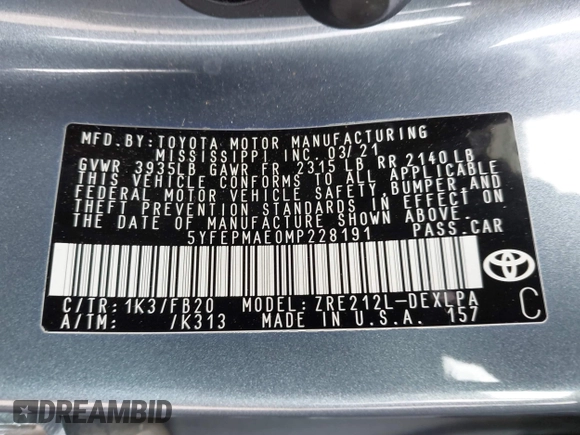2021 Toyota Corolla LE with VIN 5YFEPMAE0MP228191, listed as a IAAI auction lot 41909486 with 66,374 mi miles and . Bid and sale history available at DreamBid. Image 9.