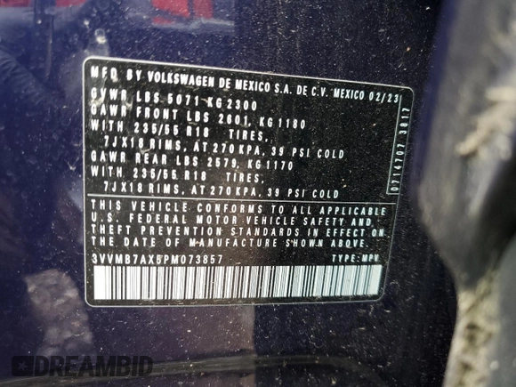 2023 Volkswagen Tiguan SE with VIN 3VVMB7AX5PM073857, listed as a Copart auction lot 55640065 with 16,177 mi miles and Salvage title. Bid and sale history available at DreamBid. Image 13.
