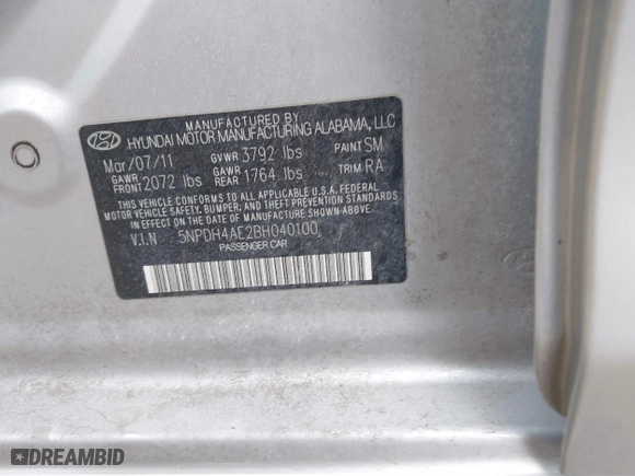 2011 Hyundai Elantra GLS PZEV with VIN 5NPDH4AE2BH040100, listed as a IAAI auction lot 41878943 with 84,487 mi miles. Bid and sale history available at carsss.com. Image 9.