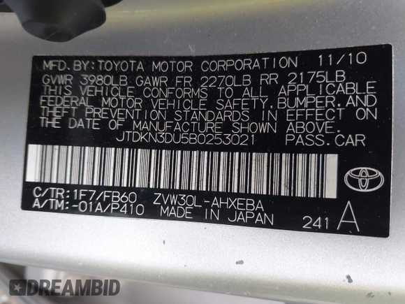 2011 Toyota Prius I with VIN JTDKN3DU5B0253021, listed as a IAAI auction lot 42098093 with 204,853 mi miles. Bid and sale history available at carsss.com. Image 9.