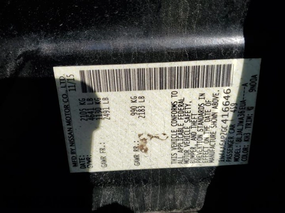 2016 Nissan Maxima 3.5 SV with VIN 1N4AA6AP2GC416646, listed as a Copart auction lot 53621795 with 159,253 mi miles and Salvage Title. Bid and sale history available at carsss.com. Image 13.