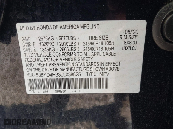 2020 Acura MDX with VIN 5J8YD4H33LL038825, listed as a IAAI auction lot 40695735 with 1 mi miles. Bid and sale history available at carsss.com. Image 9.