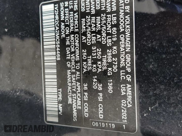 2021 Volkswagen Atlas SE z VIN 1V2HR2CA2MC564468, wystawiony jako Copart lot #61469925 z przebiegiem 69 794 mil mil oraz Szkoda całkowita • Salvage title. Historia ofert i sprzedaży dostępna na DreamBid. Obrazek 13.