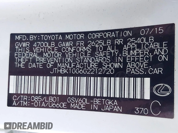 2016 Lexus ES 350 with VIN JTHBK1GG6G2212720, listed as a IAAI auction lot 40983798 with 99,528 mi miles. Bid and sale history available at carsss.com. Image 9.