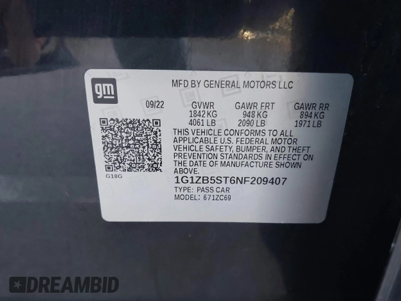 2022 Chevrolet Malibu LS with VIN 1G1ZB5ST6NF209407, listed as a IAAI auction lot 41803007 with 65,602 mi miles and . Bid and sale history available at DreamBid. Image 9.