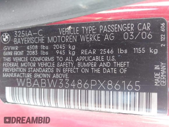 2006 BMW 3 Series 325Ci with VIN WBABW33486PX86165, listed as a IAAI auction lot 41719500 with 81,789 mi miles. Bid and sale history available at carsss.com. Image 9.