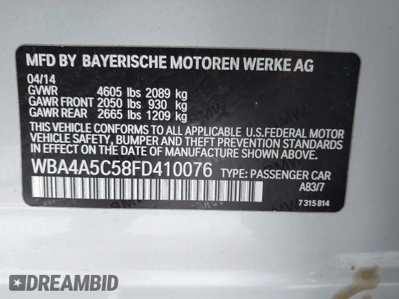 2015 BMW 4 Series 428i with VIN WBA4A5C58FD410076, listed as a IAAI auction lot 39384271 with 125,987 mi miles and . Bid and sale history available at DreamBid. Image 9.