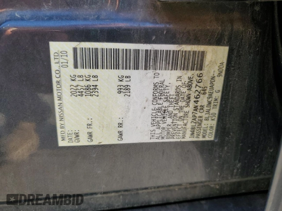 2010 Nissan Altima 3.5 SR with VIN 1N4BL2AP7AN462766, listed as a Copart auction lot 50510725 with 151,237 mi miles and Salvage Title. Bid and sale history available at carsss.com. Image 15.