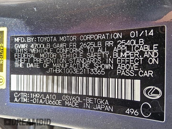2014 Lexus ES 330 with VIN JTHBK1GG3E2113365, listed as a Copart auction lot 63350875 with 177,873 mi miles and Clean title. Bid and sale history available at DreamBid. Image 12.