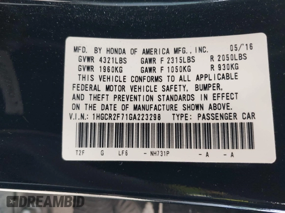 2016 Honda Accord Sedan EX with VIN 1HGCR2F71GA223298, listed as a IAAI auction lot 41976282 with 121,117 mi miles. Bid and sale history available at carsss.com. Image 9.