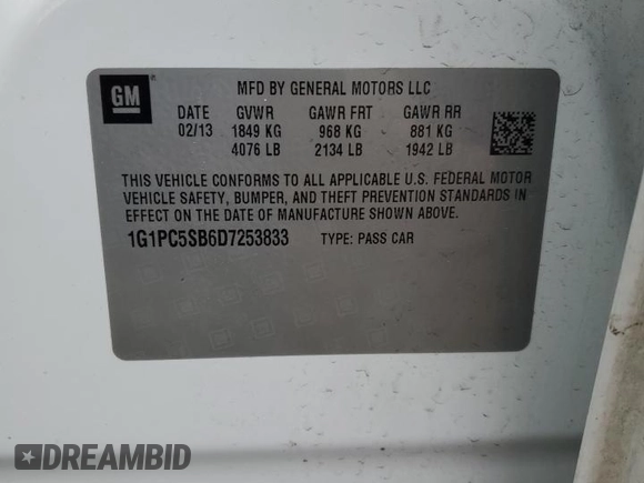 2013 Chevrolet Cruze 1LT with VIN 1G1PC5SB6D7253833, listed as a Copart auction lot 49723535 with 0 mi miles and Salvage Title. Bid and sale history available at carsss.com. Image 14.